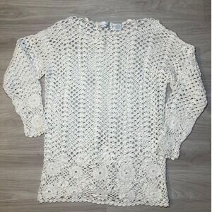Jessica Roberts Crochet Knit Top White Floral Long Sleeve Sheer Pullover Women